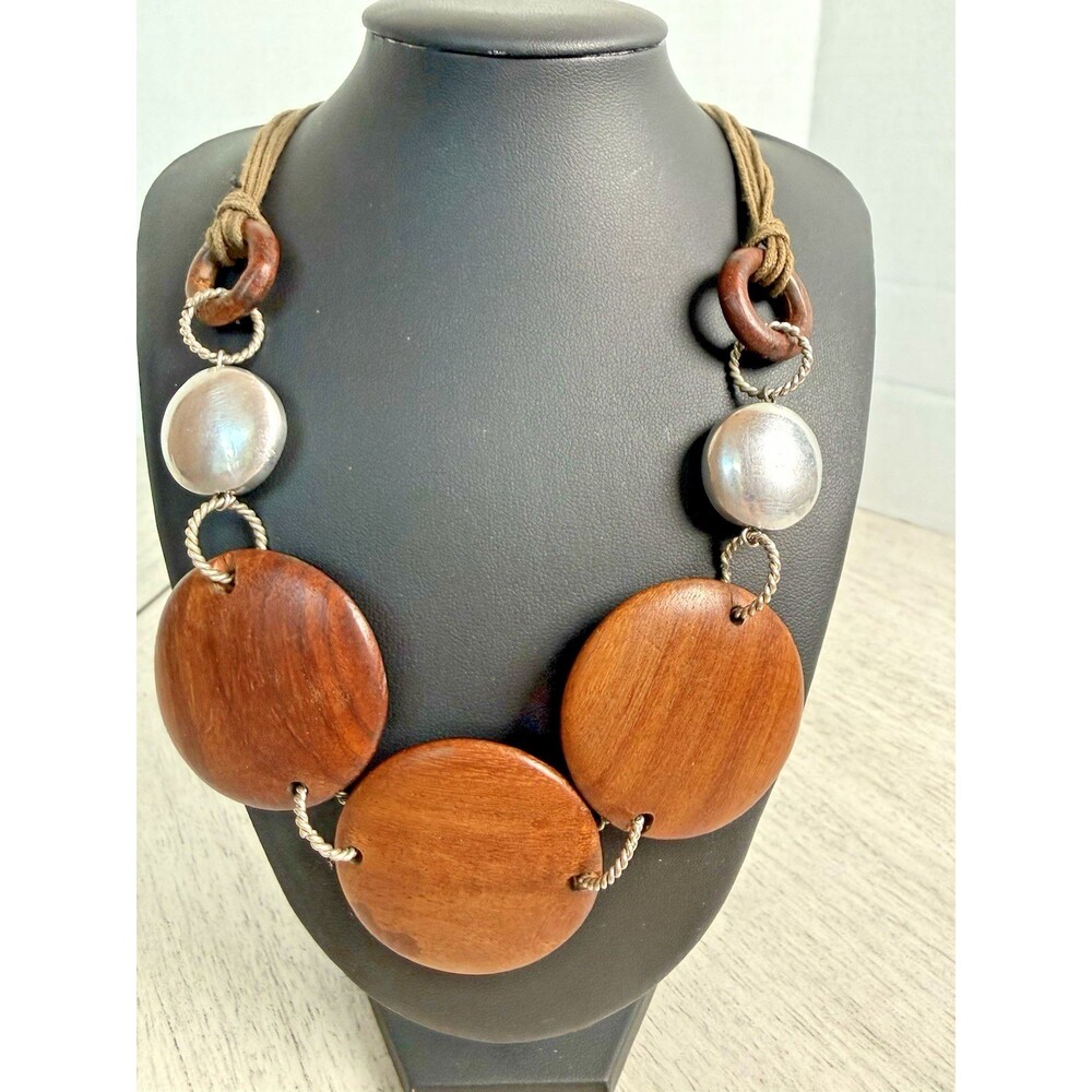 Chunky Round Wood Disc & Textured Silver Statement Necklace Rope Cord Boho